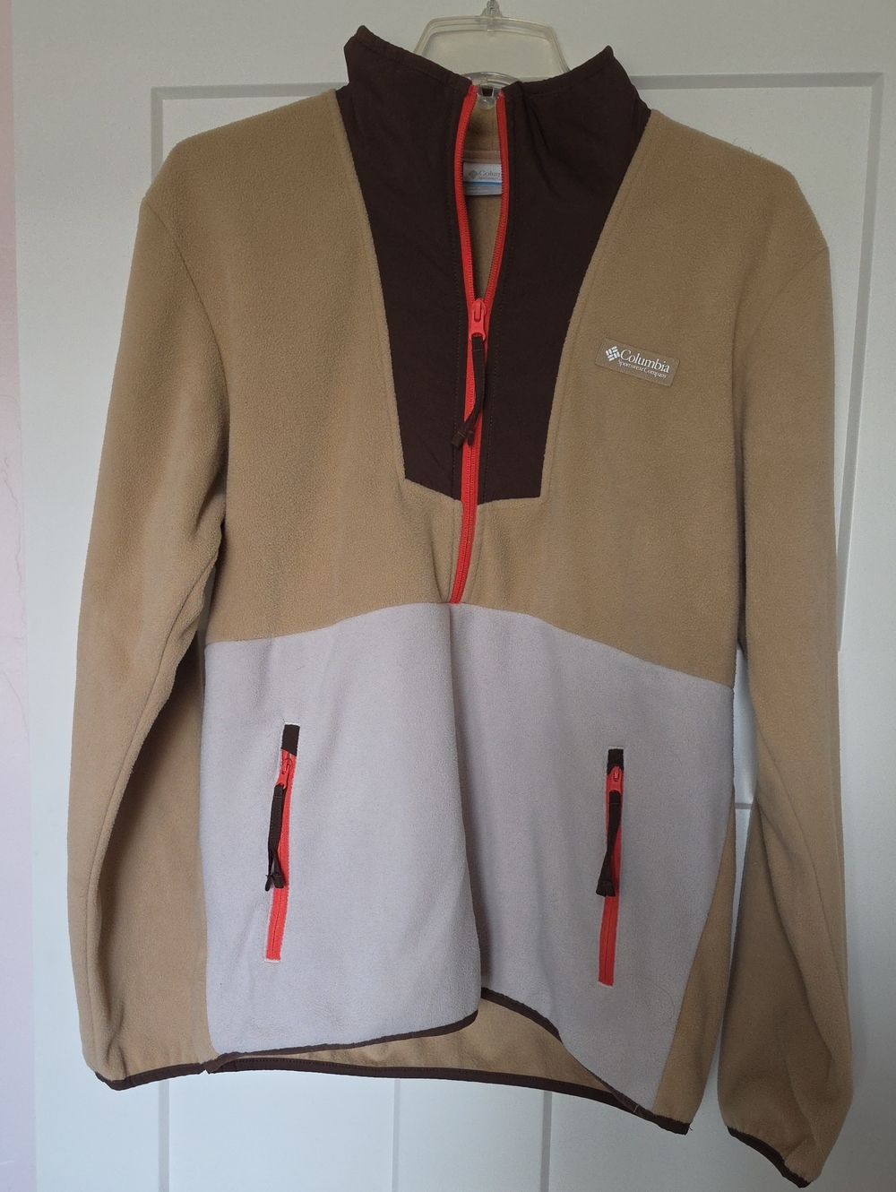 Columbia Tan, Light Gray & Brown Fleece Pullover with Red-Orange Zippers